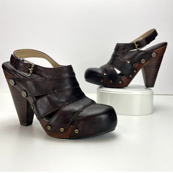 FRYE Slingback Brown Leather Platform Clog Shoe Womens (6)‎ Flora Stitch Boho - Picture 2 of 8